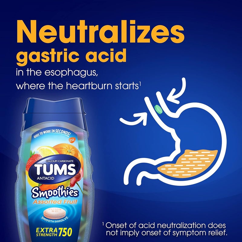 TUMS أقراص مضغ مضادة للحموضة بقوة إضافية من سموذي، لتخفيف حرقة المعدة، بنكهات فواكه متنوعة - 12 حبة - Image 4